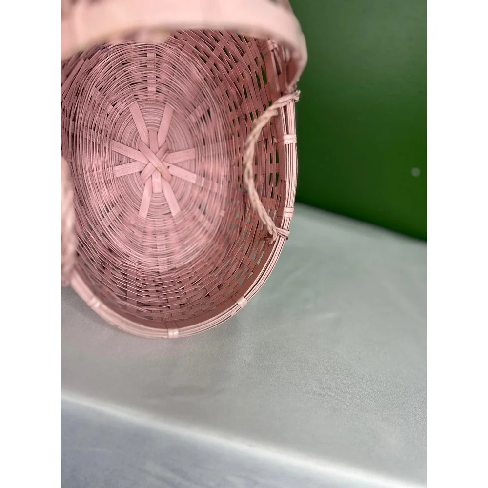 Vintage Pink Wicker Bassinet Basket Nursery Decor Baby Shower Gift Basket Hooded